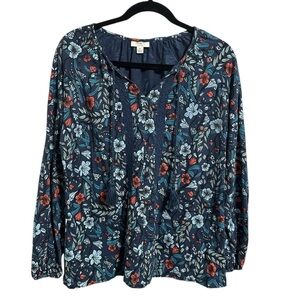Wrangler Blue Floral Relaxed Long Sleeve Blouse Pull Over Bohemian Rodeo Size M